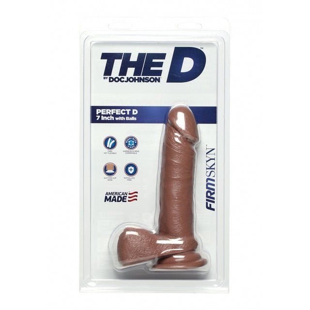 the d perfect d caramel 7 inch dildo in clear blister packaging with balls and suction cup base