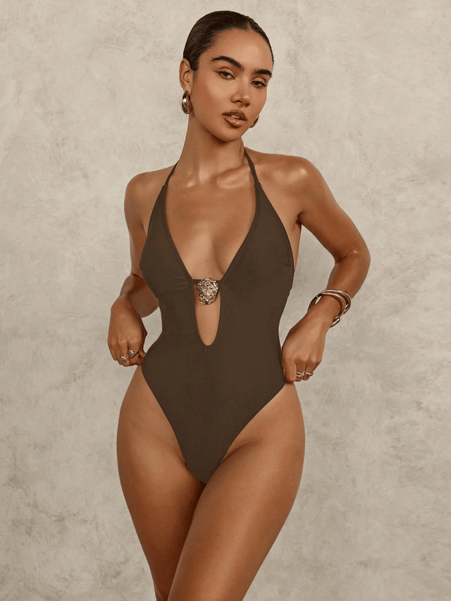 Brown Plunge One-Piece Swimsuit with Gold Accent