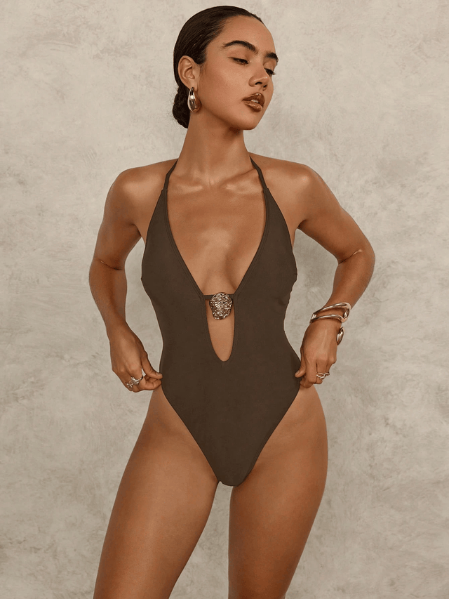 Brown Plunge One-Piece Swimsuit with Gold Accent