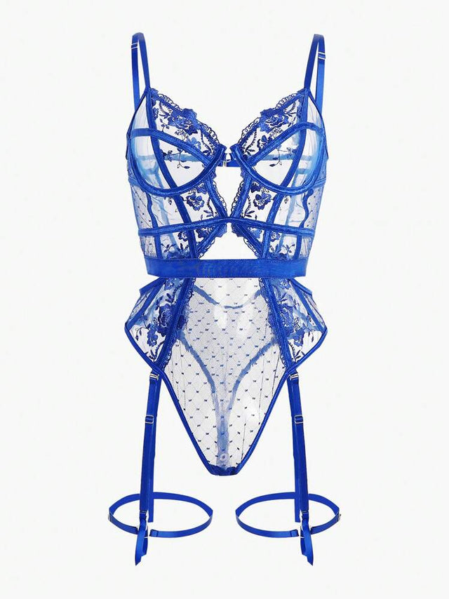 Blue lace bodysuit lingerie set on a white background