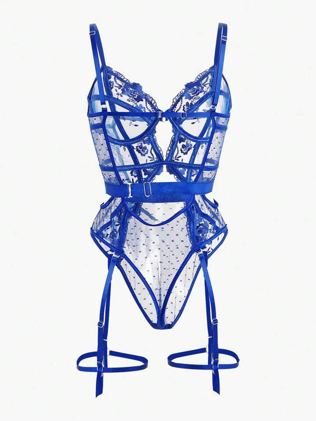 Blue lace bodysuit lingerie set on a white background