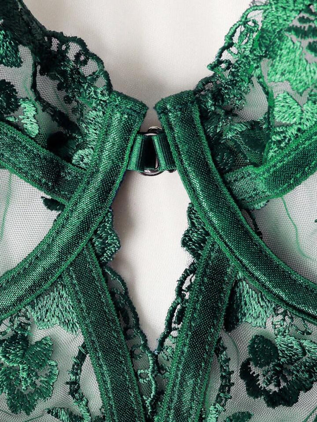 Close-up of a green lace garment with floral patterns.