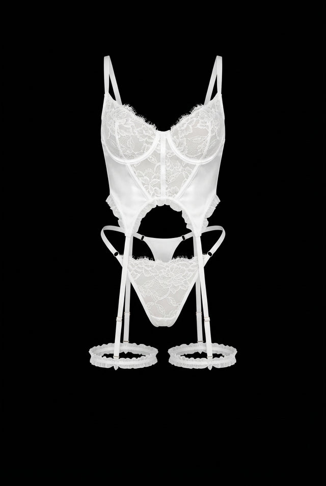Freya Sheer Lace Basque & Thigh Garter Set | White