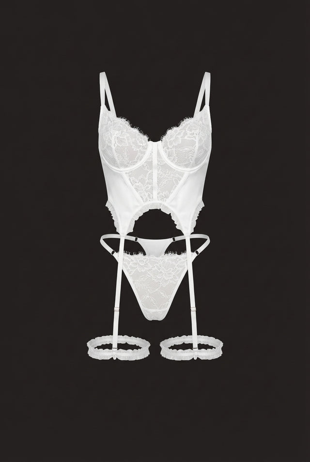 Freya Sheer Lace Basque & Thigh Garter Set | White