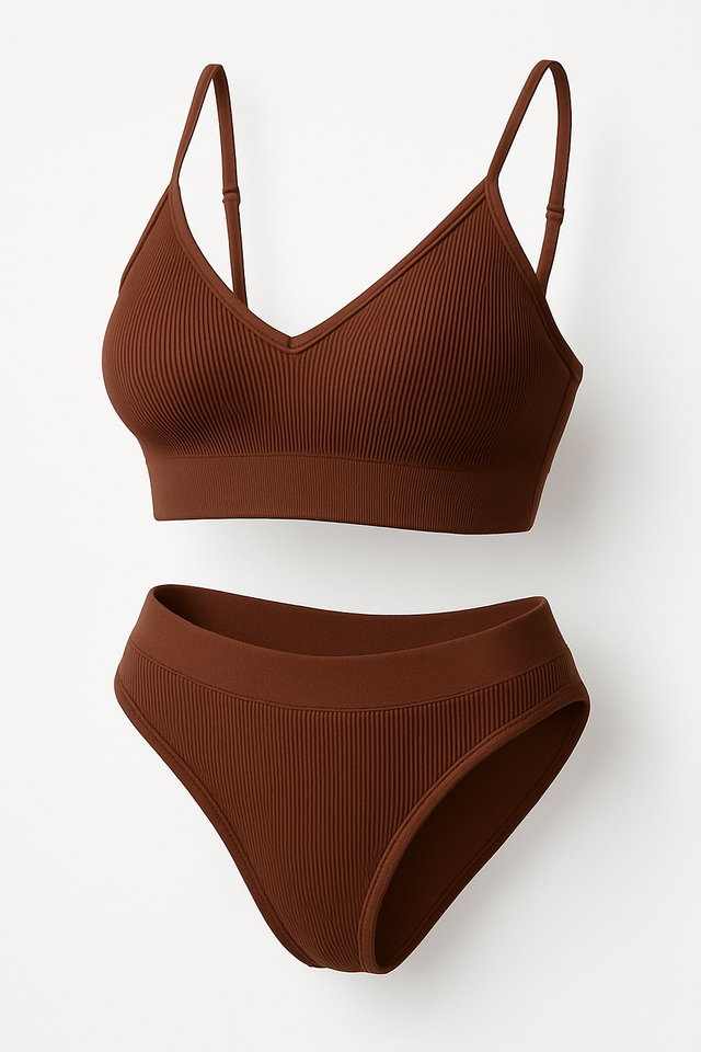 Brown ribbed bikini set on a white background