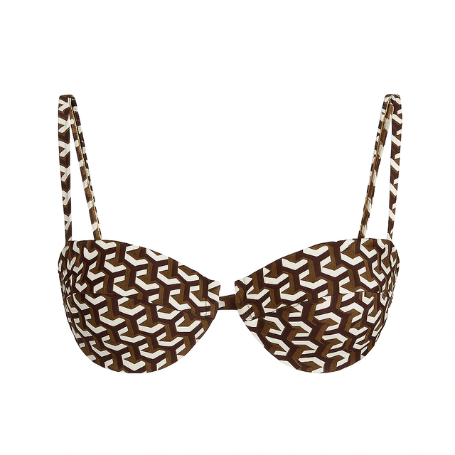 Brown and white geometric patterned bikini top on a white background