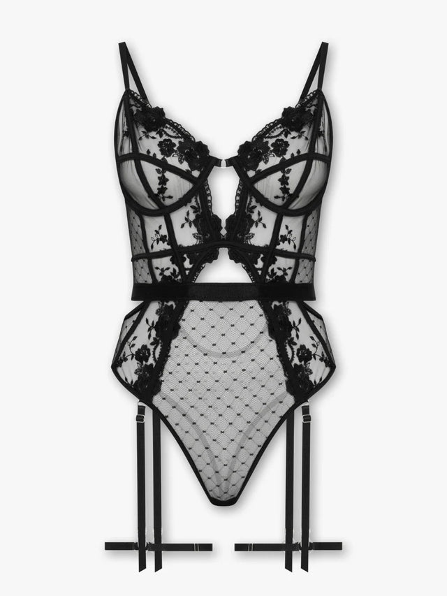 Black lace bodysuit lingerie set on a white background