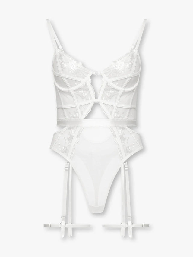 White lace lingerie bodysuit on a white background