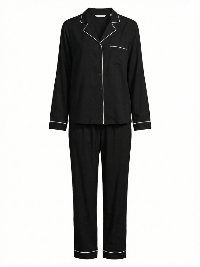 Grace Piped Long Sleeve Pyjama Set | Black - Little Nooks