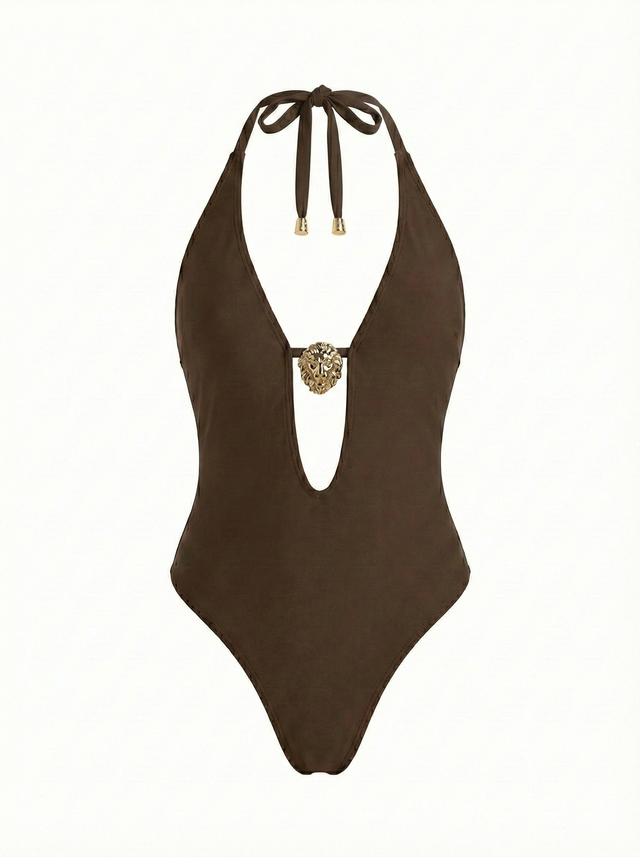 Brown Plunge One-Piece Swimsuit with Gold Accent - Little Nooks