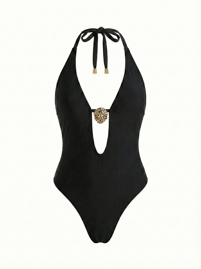 Black Plunge One-Piece Swimsuit with Gold Accent - Little Nooks