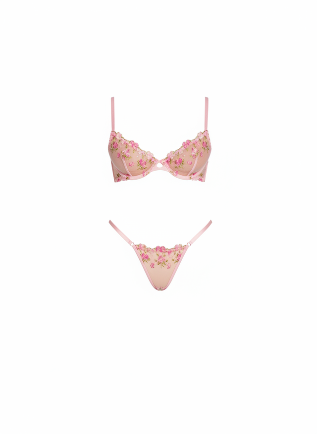 Maya Blush Bloom Embroidered Lingerie Set | Pink