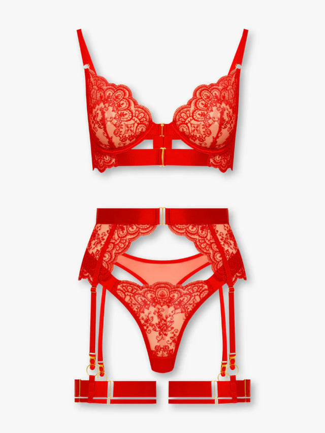 Red lace lingerie set on a white background | Little Nooks