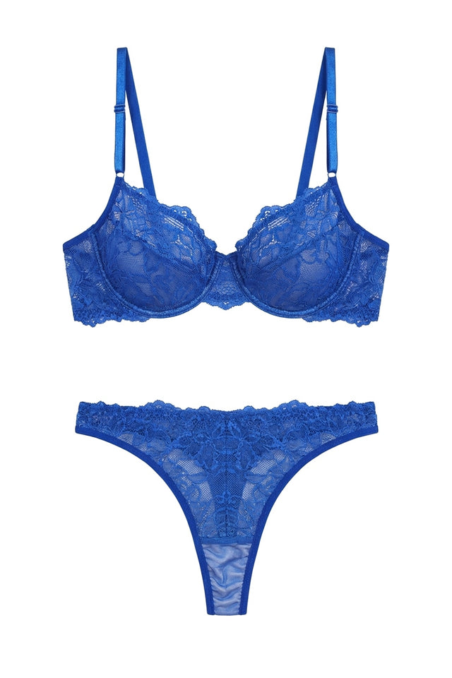Floral Lace Underwire Lingerie Set | Blue - Little Nooks