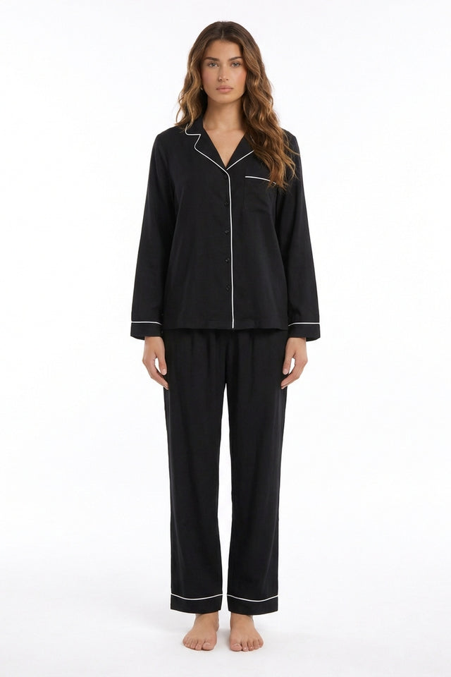 Grace Piped Long Sleeve Pyjama Set | Black - Little Nooks