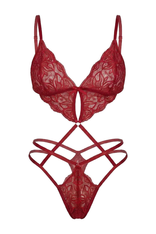 Samantha Lace Cut-Out Teddy | Burgundy - Little Nooks