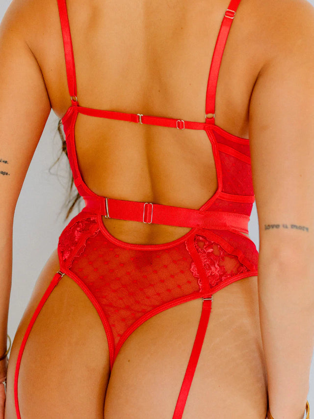 Evangeline Lace Garter Bodysuit | Red
