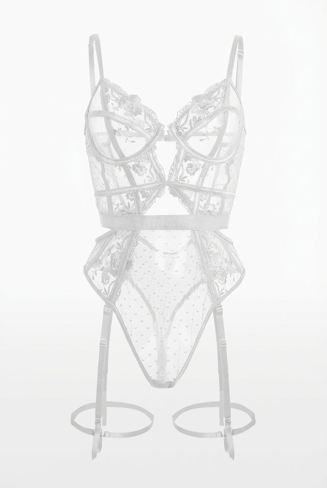 Evangeline Lace Garter Bodysuit | White