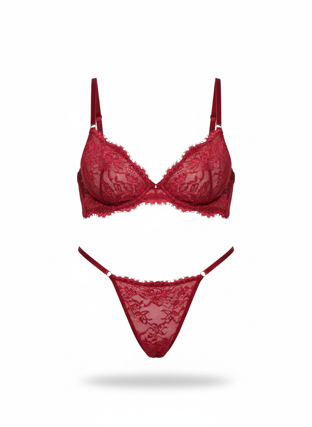 Eyelash Burgundy Lace Underwire Bra Lingerie Set