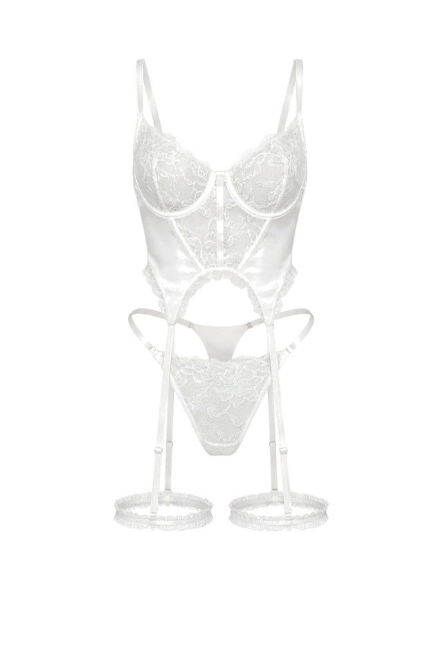 Freya Sheer Lace Basque & Thigh Garter Set | White - Little Nooks