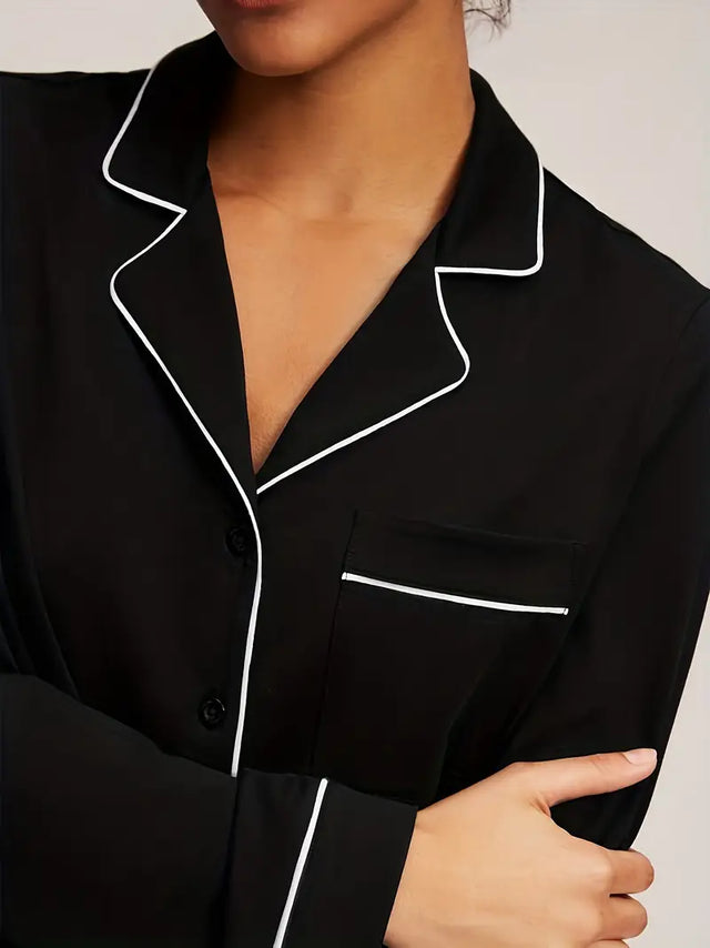 Grace Piped Long Sleeve Pyjama Set | Black