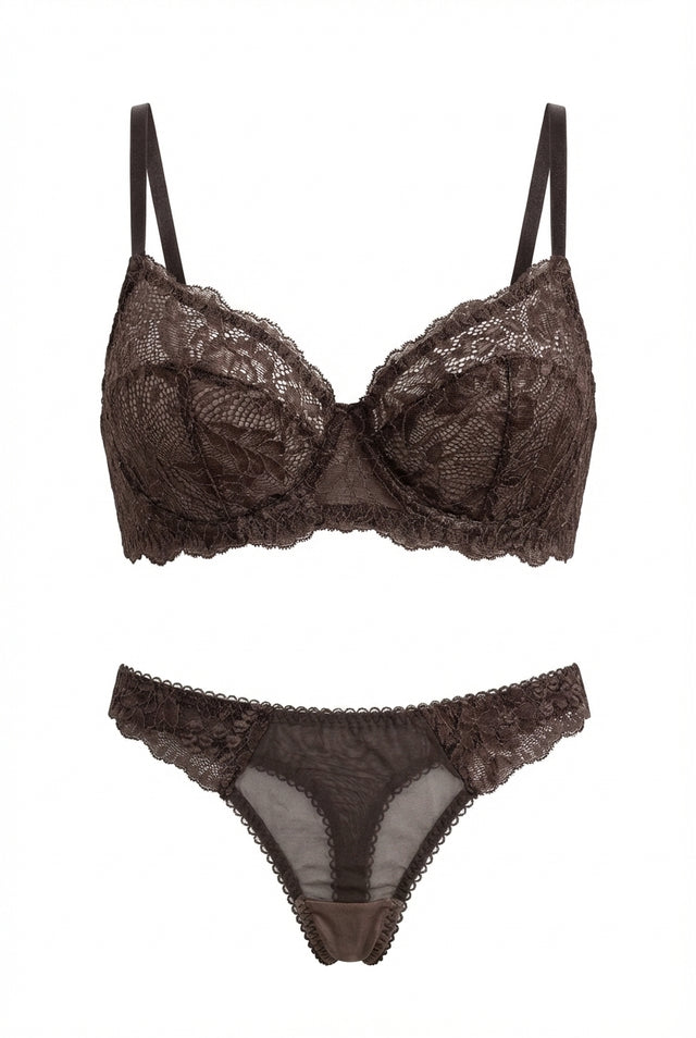 Chocolate brown sheer lace lingerie set displayed on a white background, featuring an underwired lace bra with adjustable straps and matching low-rise lace briefs.
