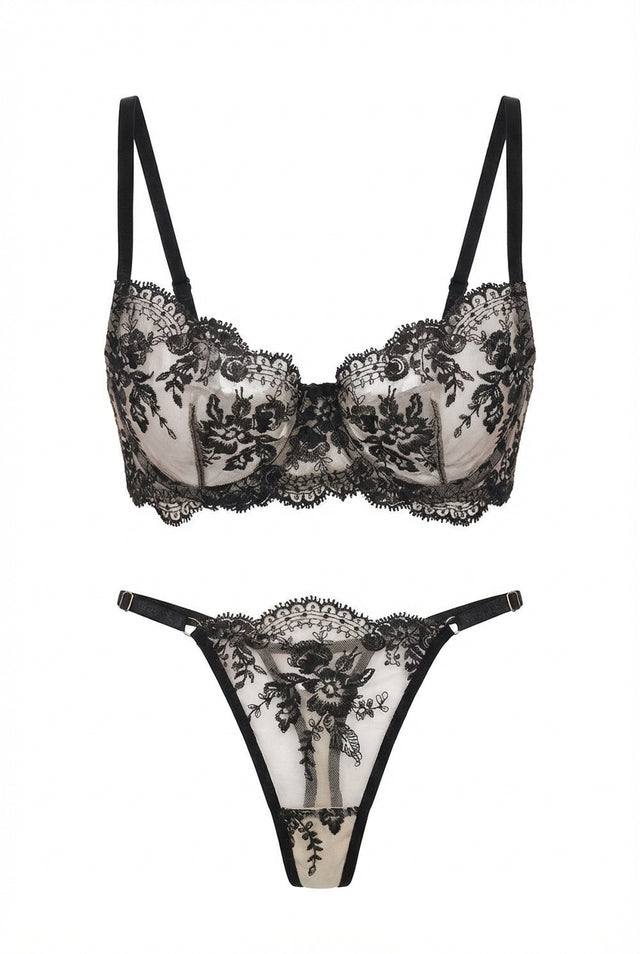 Alix Sheer Mesh Embroidered Bra & Thong Set | Black