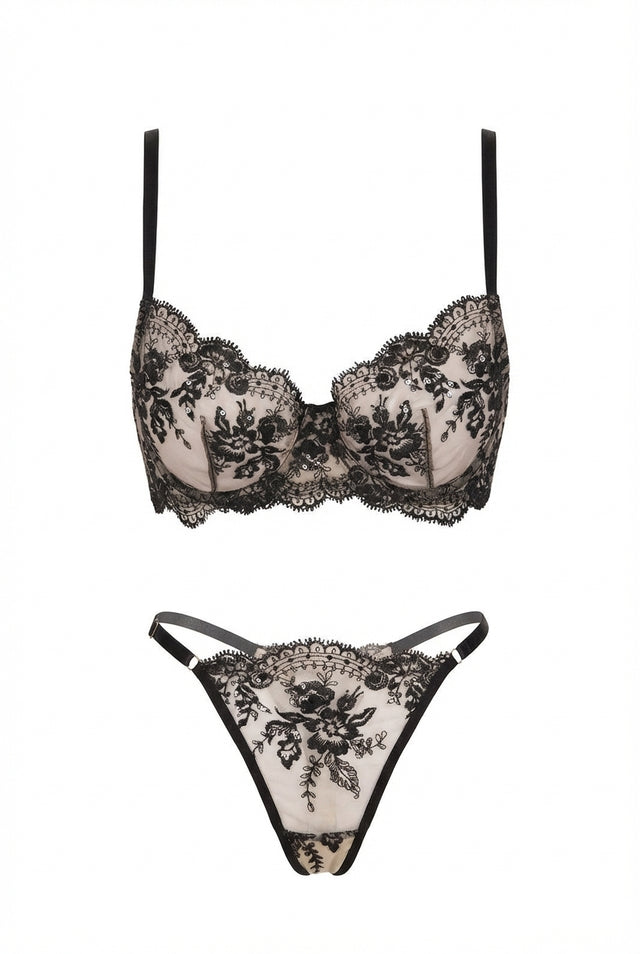 Black sheer mesh embroidered lingerie set