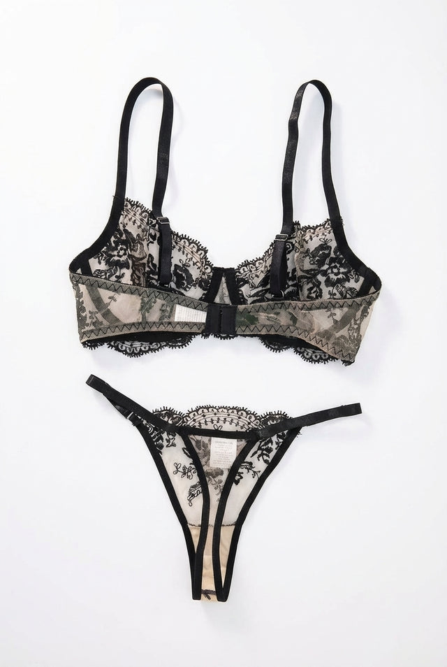 Black sheer mesh embroidered lingerie set reversed view