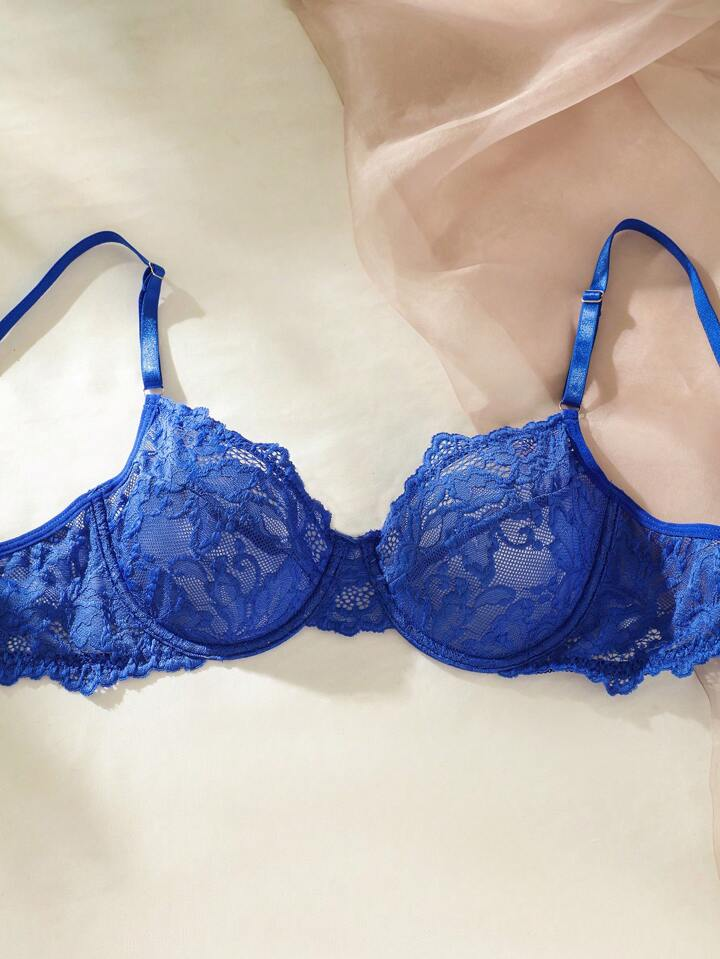 Blue Floral Lace Underwire Lingerie Set