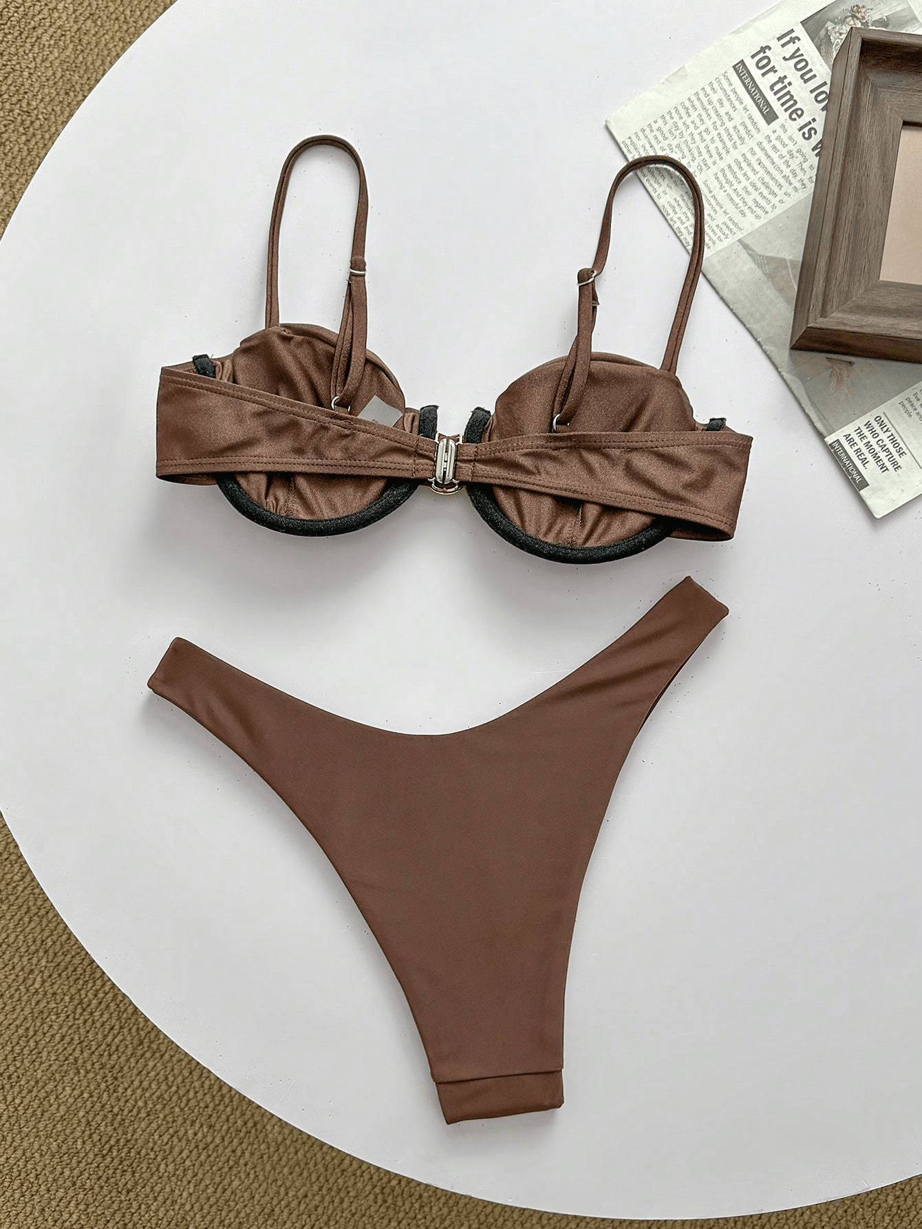 liberty brown bikini flat lay with adjustable straps, gold centre buckle and high-leg bottoms