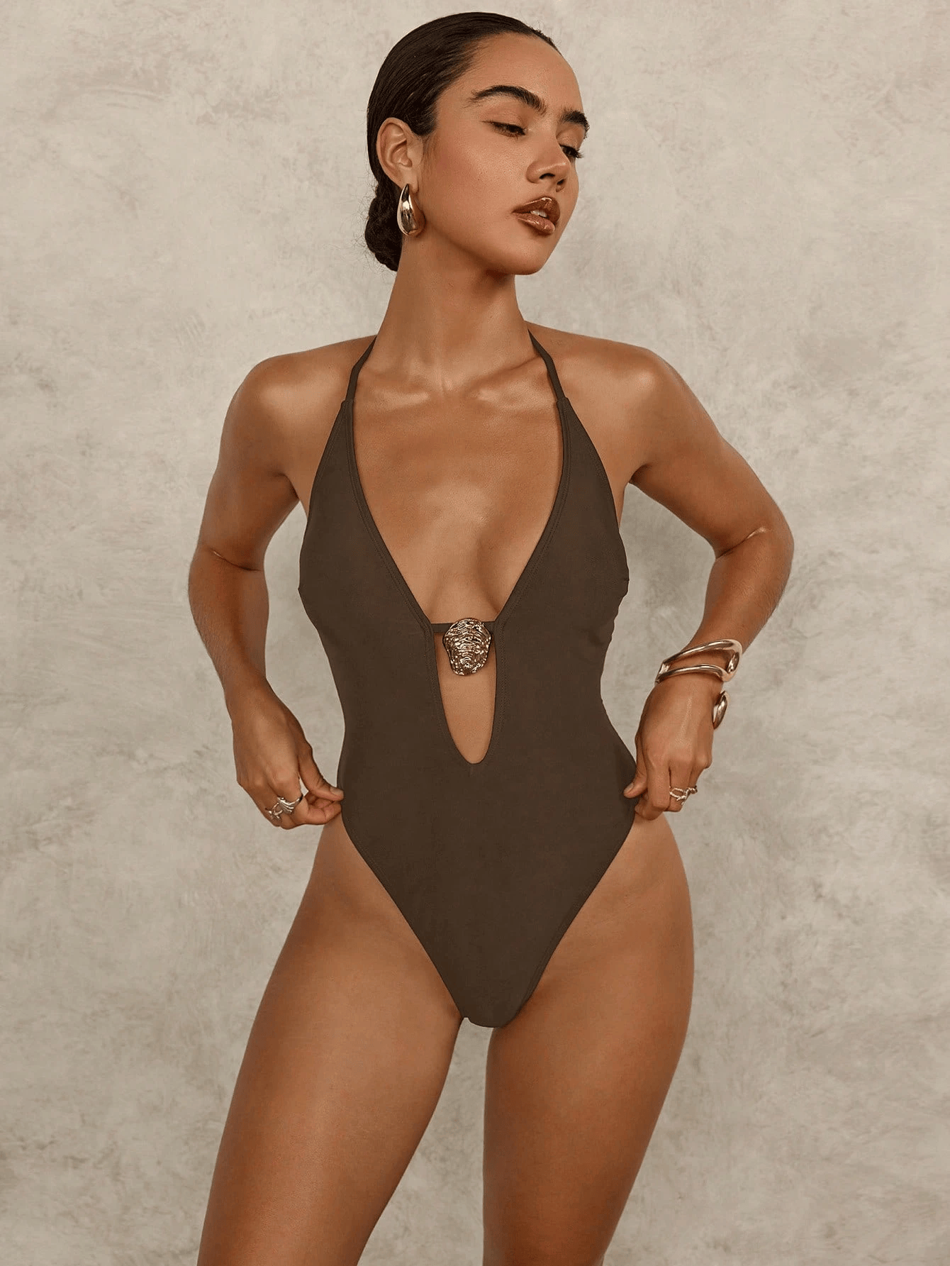 Brown Plunge One-Piece Swimsuit with Gold Accent - Little Nooks