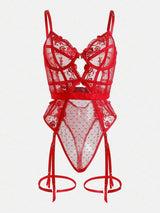 Red lace lingerie set on a white background