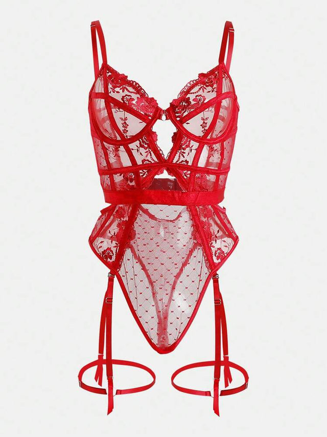 Red lace lingerie set on a white background