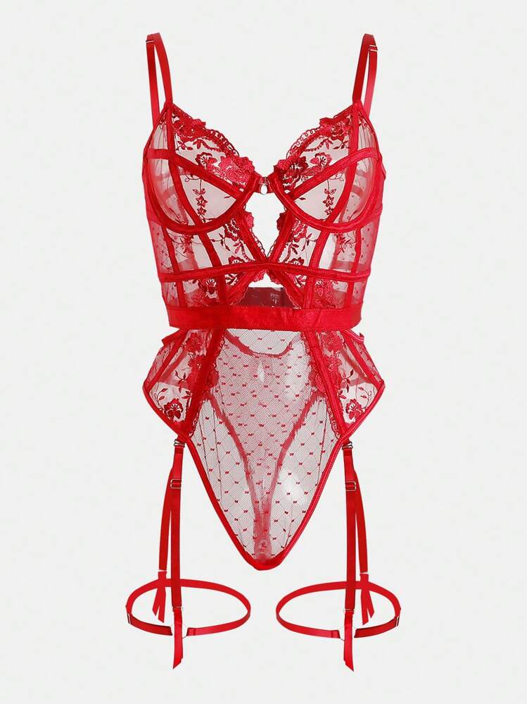 evangeline red lingerie bodysuit with sheer embroidered cups, adjustable straps and attached leg loops