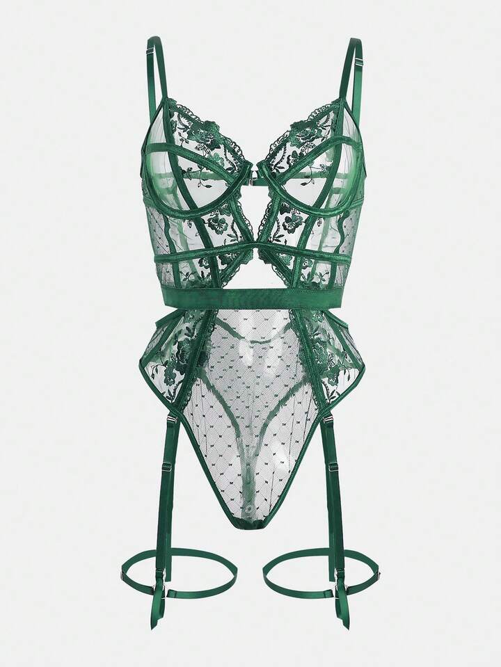 front view of evangeline bodysuit in green with underwire cups, sheer mesh and garter straps