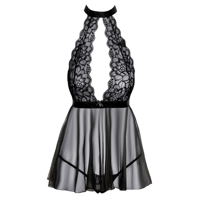 kissable black halterneck babydoll with floral lace bodice, plunge front, sheer flared skirt and waist bow