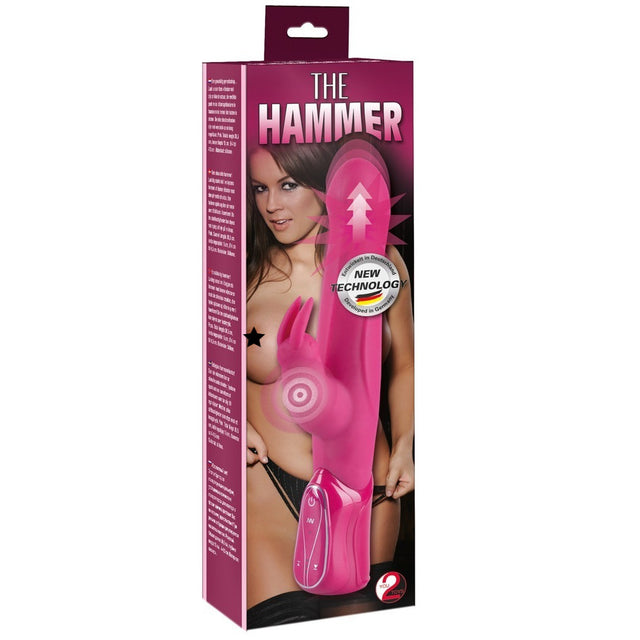 boxed the hammer pink rabbit vibrator with bunny stimulator, control handle, and magenta packaging