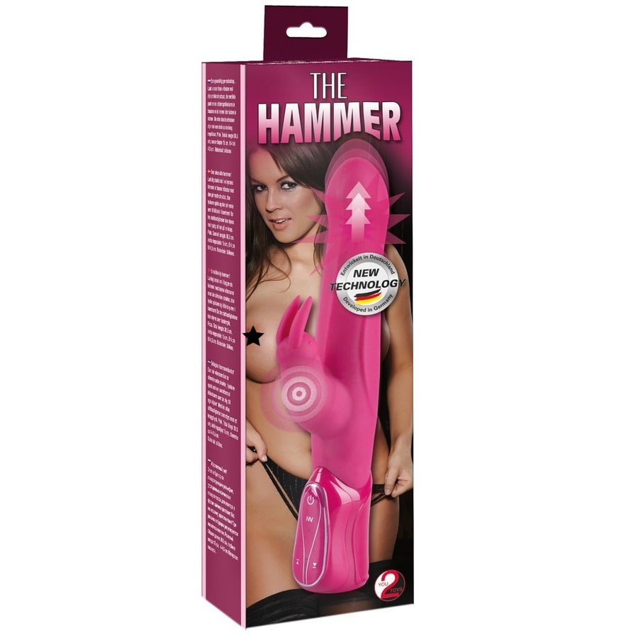 boxed the hammer pink rabbit vibrator with bunny stimulator, control handle, and magenta packaging