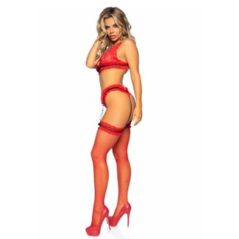 Leg Avenue Bra Panty and Stockings Set Red UK 6 to 12