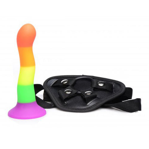 Proud Rainbow Silicone Dildo with Harness