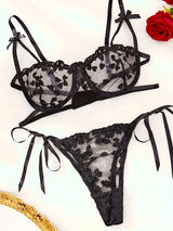 Black Mesh Floral Tie-Up Lingerie Set