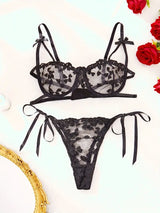 Black Mesh Floral Tie-Up Lingerie Set