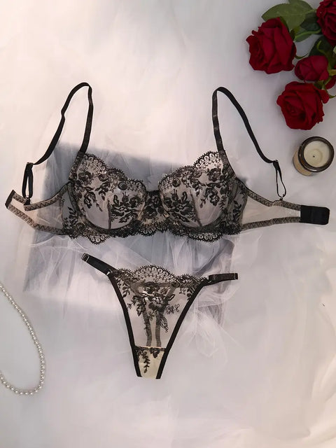 Palace Style Thin See-through Bra and Mesh Embroidered Underwear Set