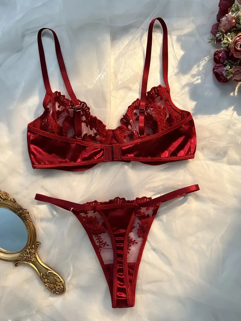 back view of a burgundy floral embroidered lingerie bra set with sheer bra, adjustable straps and matching thong