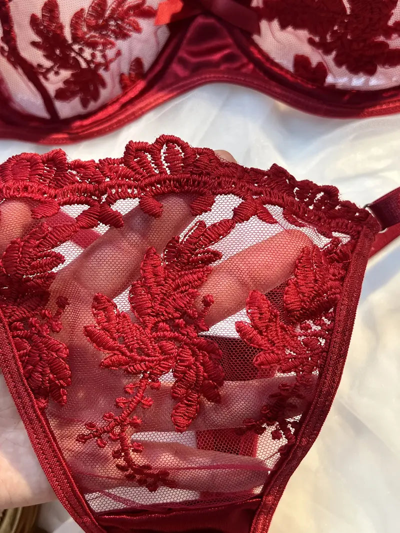 burgundy elegant lingerie set close-up with sheer mesh thong, scalloped trim and matching bra edge