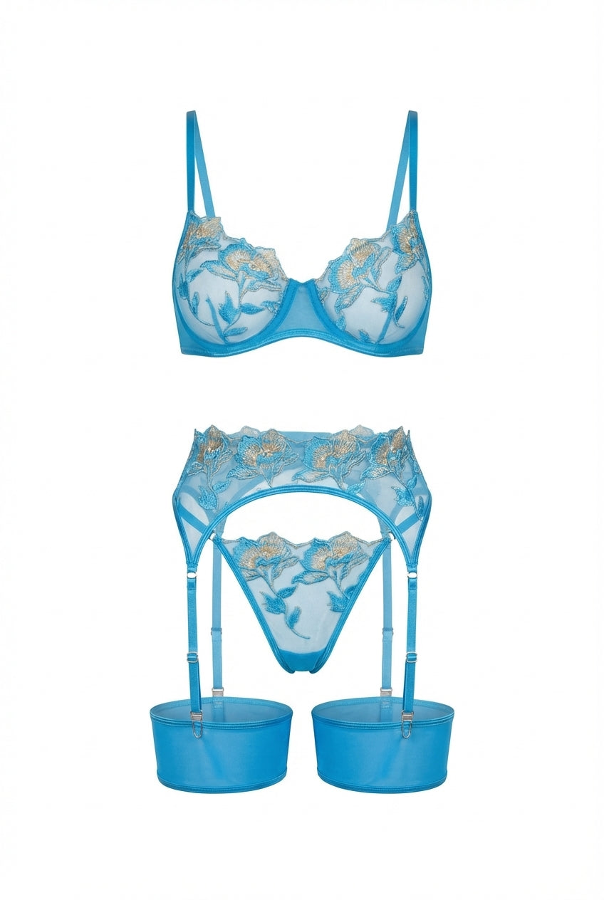 Arabella Sheer Embroidered Lingerie Set | Baby Blue