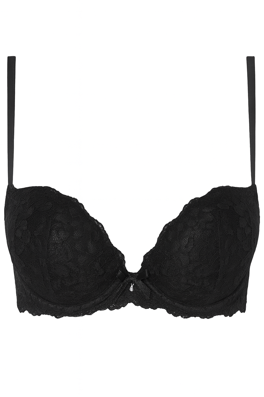 front view of black lace padded plunge bra with slim straps, scalloped band and centre bow charm