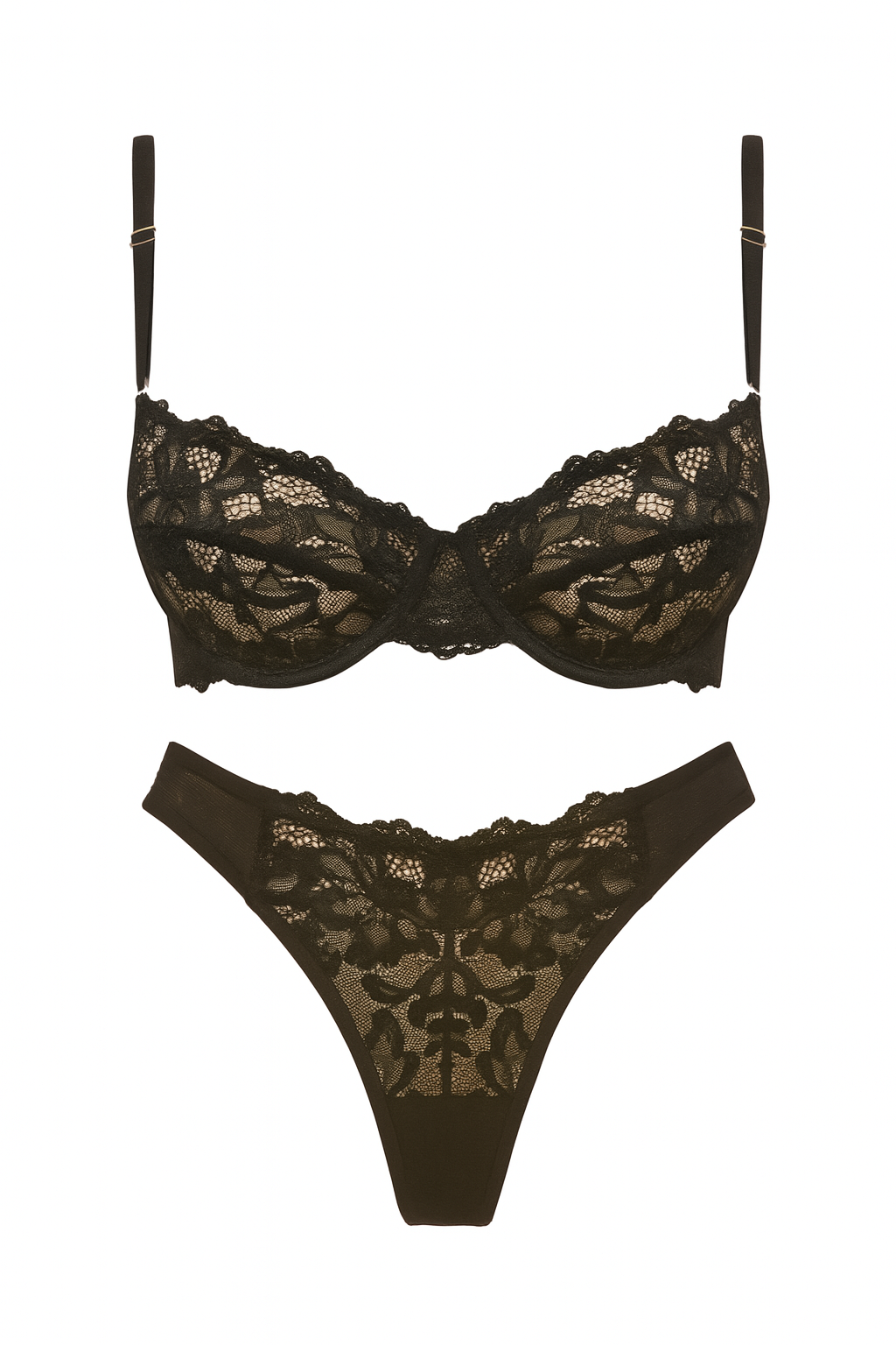 black floral lace underwire bra set with adjustable straps and matching thong on a white background