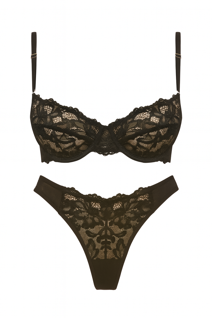 black floral lace underwire bra set with adjustable straps and matching thong on a white background